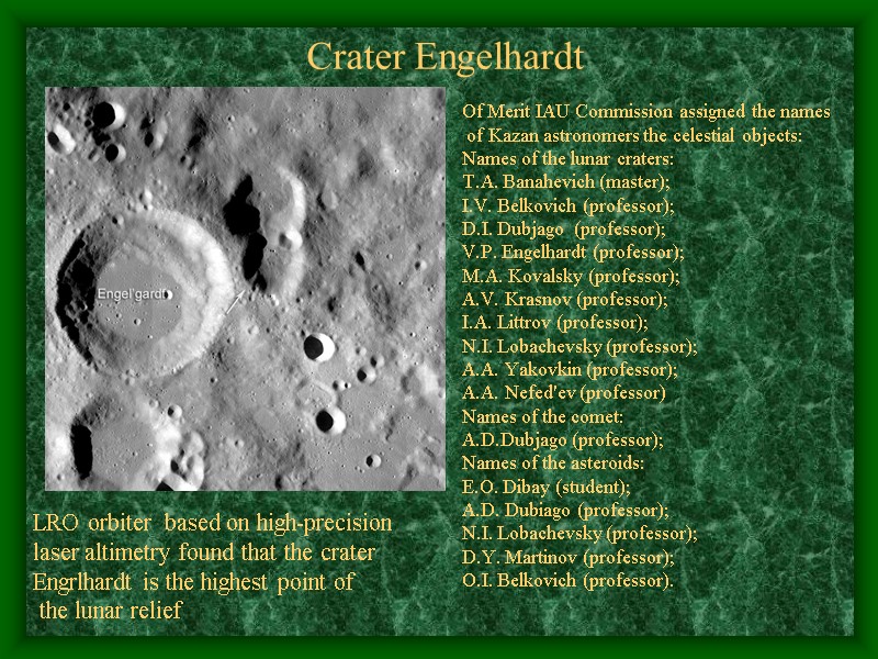 Crater Engelhardt Of Merit IAU Commission assigned the names  of Kazan astronomers the